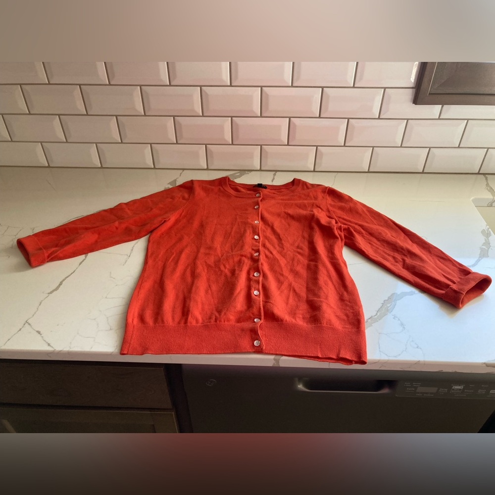 Women Talbots orange button up cardigan sweater crewneck ribbed hem  long sleeve